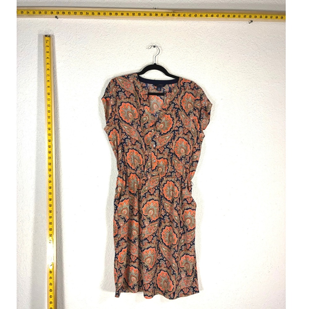 Tommy Hilfiger Paisley Cap‎ Sleeve Elastic Waist Dress Orange Navy Blue Large